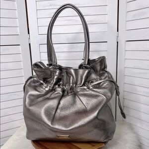 COLE HAAN Metallic Leather Shoulder Bag Large Neutral Work Casual Everyday Bag